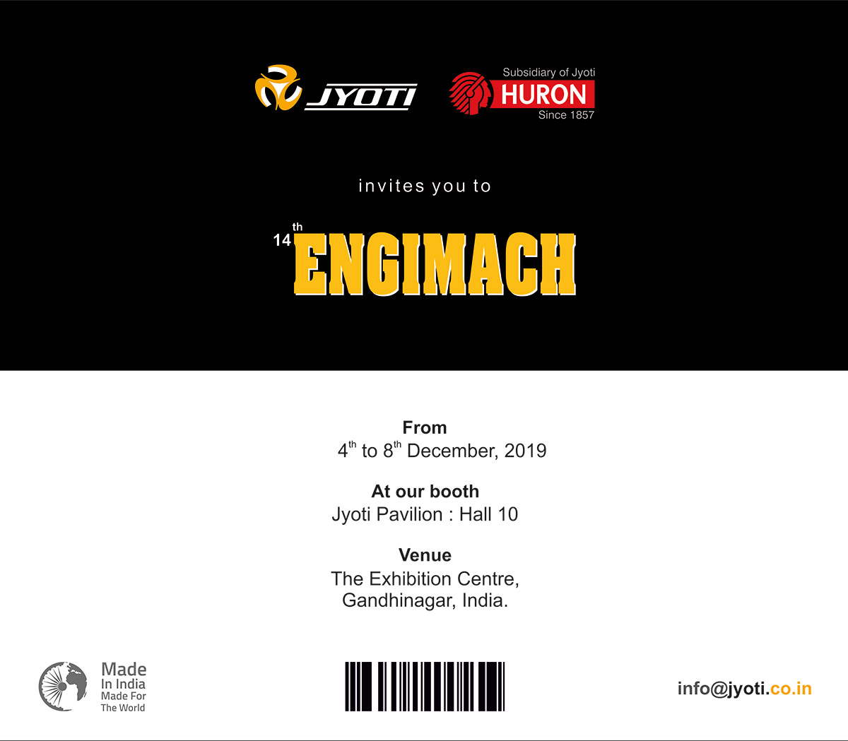 Jyoti cordially invites all our valued customers at Jyoti Pavilion at  Gujarat’s largest industrial show, ENGIMACH’ 2019