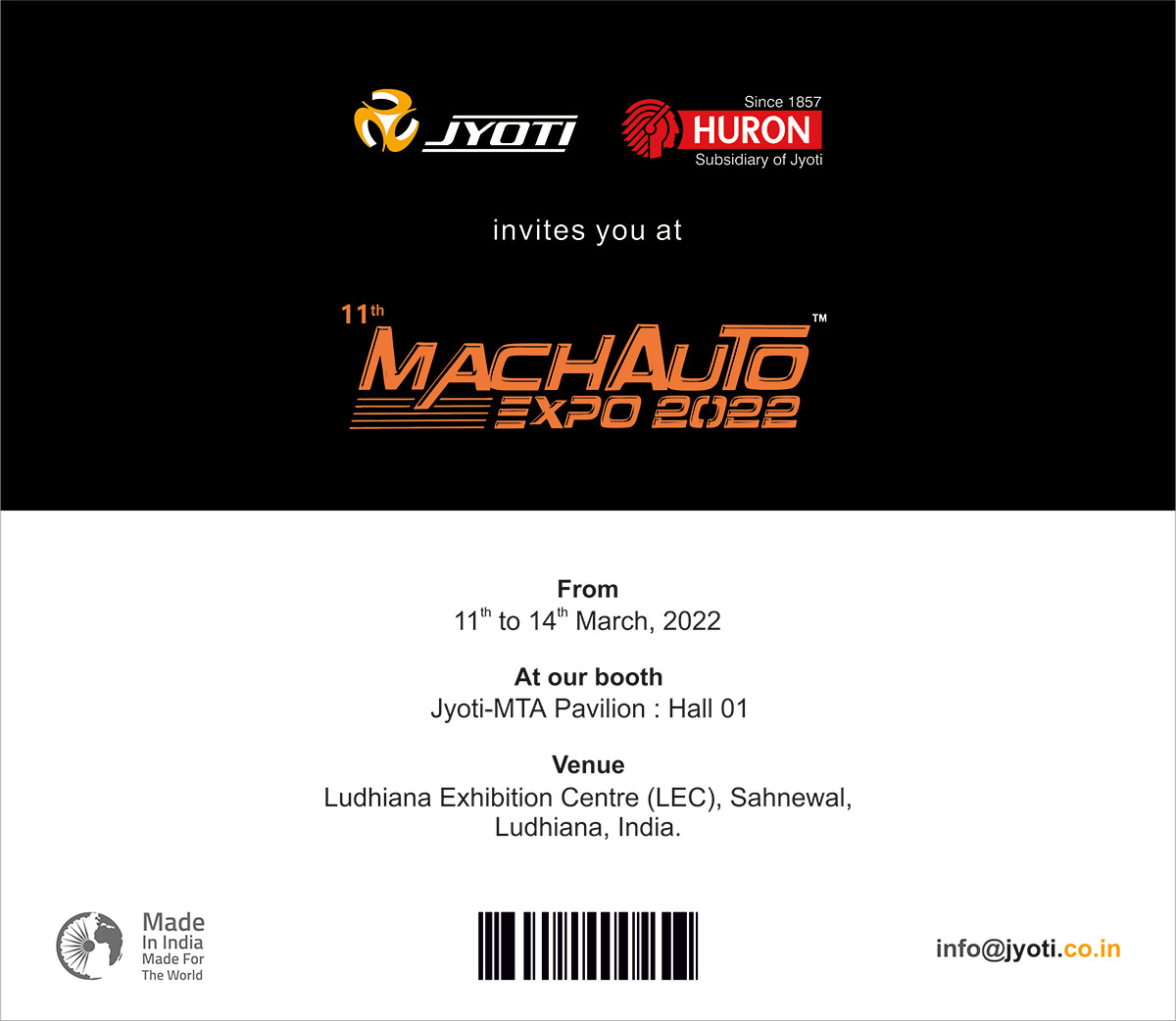 Invitation to visit us at Jyoti Pavilion, Mach Auto Expo 2022